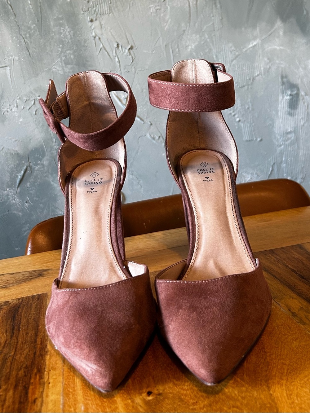 Call It Spring Women's Tan Vegan Suede Ankle-Strap Pointed-Toe Heels